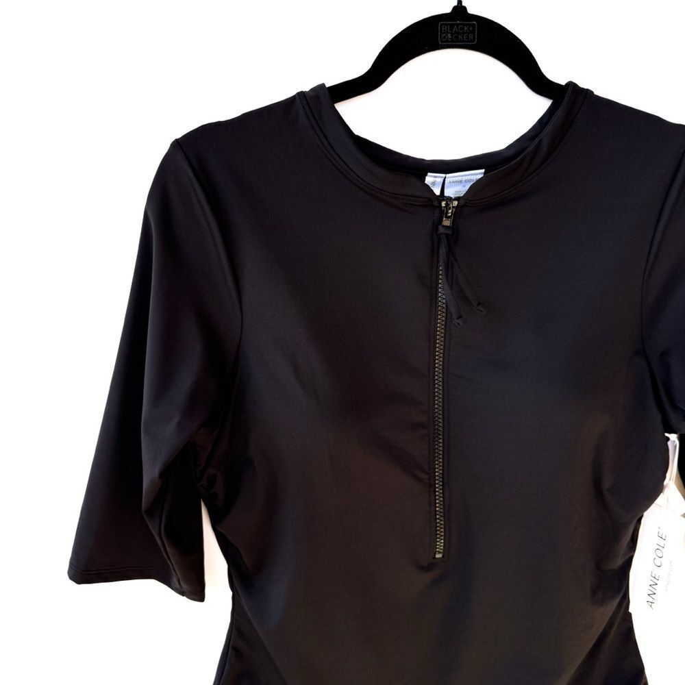 NWT Anne Cole Black Short Sleeve One Piece Live In Half Zip Rash Guard Swimsuit - Picture 5 of 13